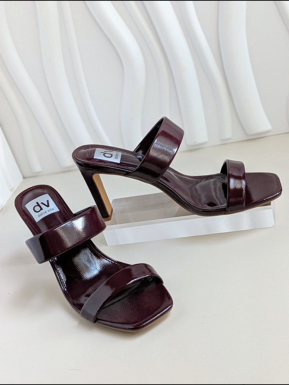 Dolce Vita Patent Double-Strap Heeled Sandals in Deep Burgundy